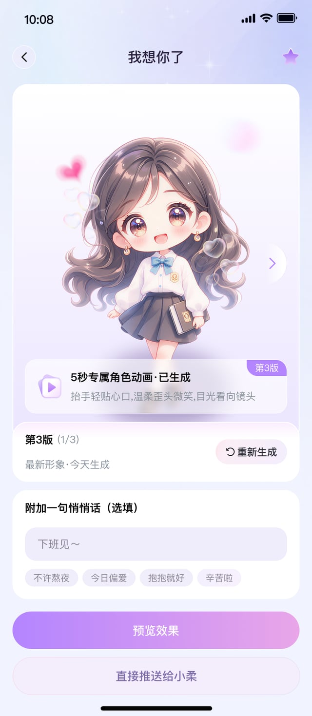 动作详情:5 秒专属角色动画,可附加一句悄悄话后推送